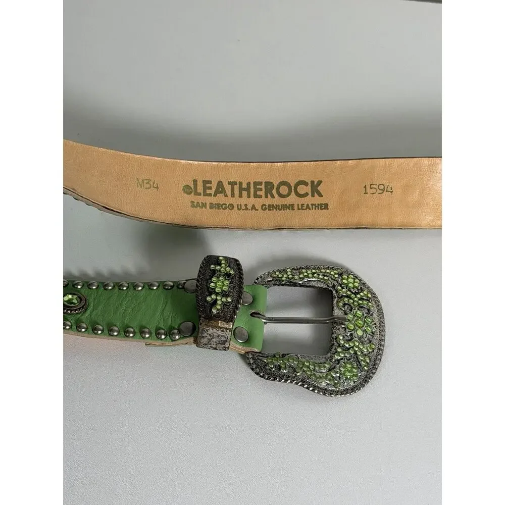LEATHEROCK Belt Size 34 Leather Green Embellished Rhinestone Gems Studded 1594